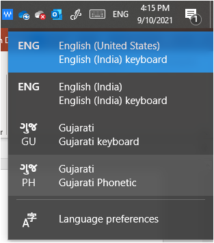 5. તમારા કમ્પ્યુટર માં ગુજરાતી કીબોર્ડ સ્થાપિત થઇ ગયું છે. નીચે આવેલ ટાસ્કબાર માં EN પર ક્લીક કરી  Gujarati Phonetic વિકલ્પ પસંદ કરો.